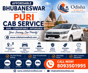Bhubaneswar to Puri cab service poster by Odisha Travel Hub with taxi booking, sedan car, Jagannath Temple and travel services