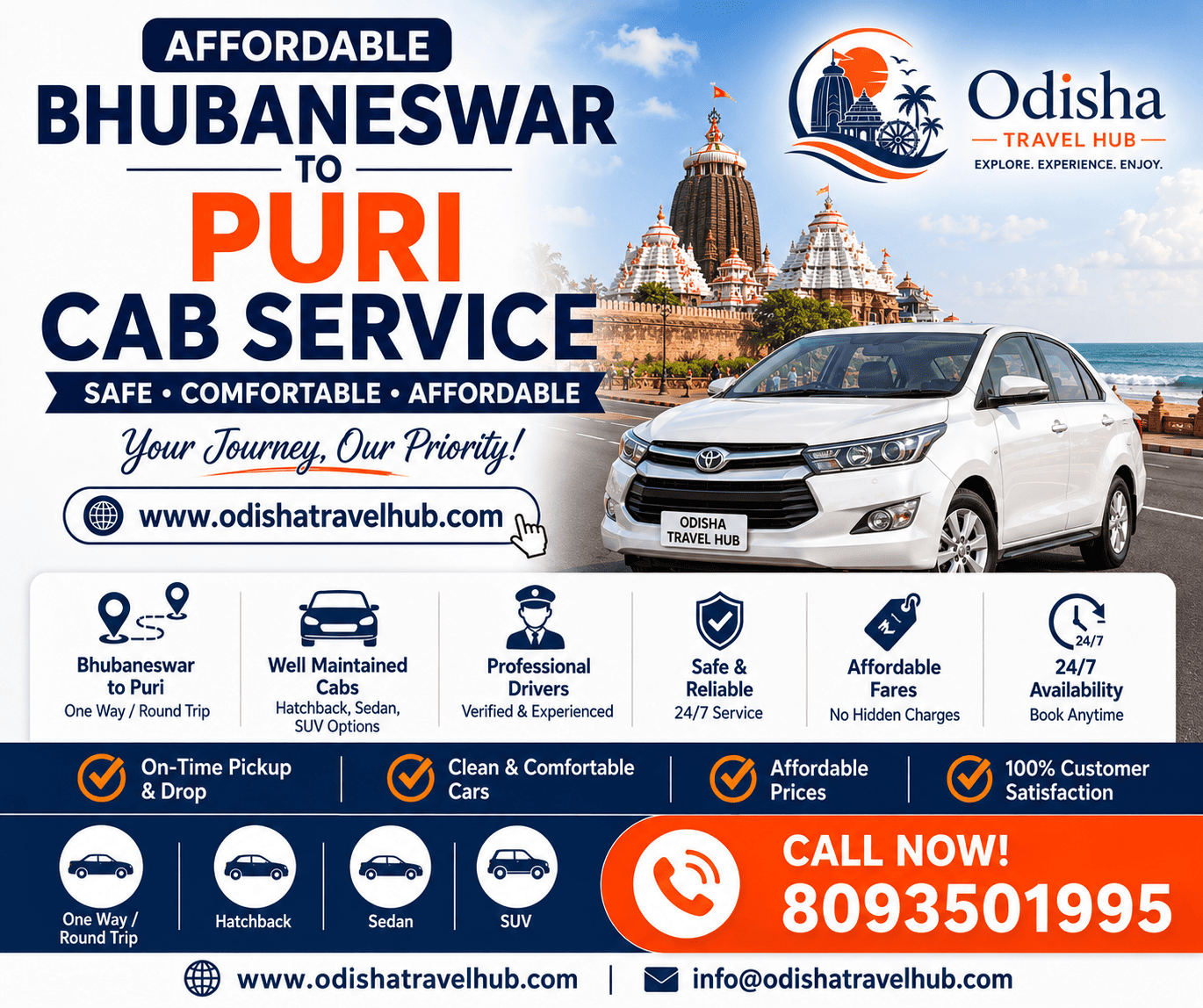 Bhubaneswar to Puri cab service poster by Odisha Travel Hub with taxi booking, sedan car, Jagannath Temple and travel services