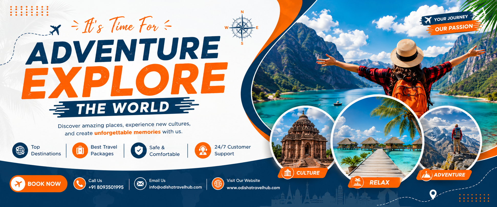 Odisha Travel Hub travel banner for tour packages, adventure trips, holiday vacations and Odisha tourism services