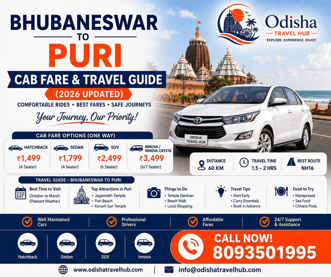 Taxi traveling from Bhubaneswar to Puri for Jagannath Temple and beach trip in Odisha